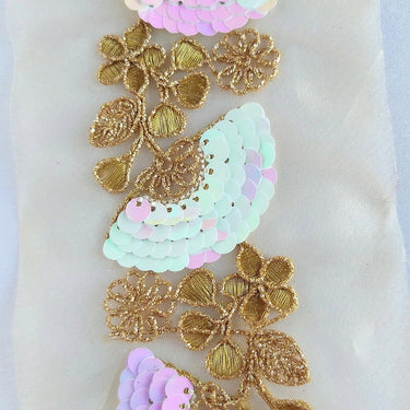 Gold Sheer Fabric Trim With Antique Gold Floral Embroidery And Pink White Two Tone Sequins Embellishments, Approx. 95mm Wide - 210119L124